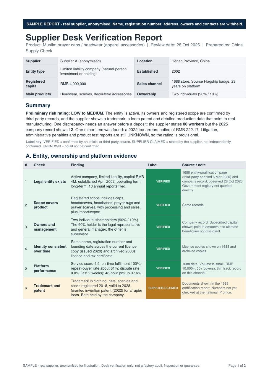 First page of the sample report, with an evidence table and risk rating